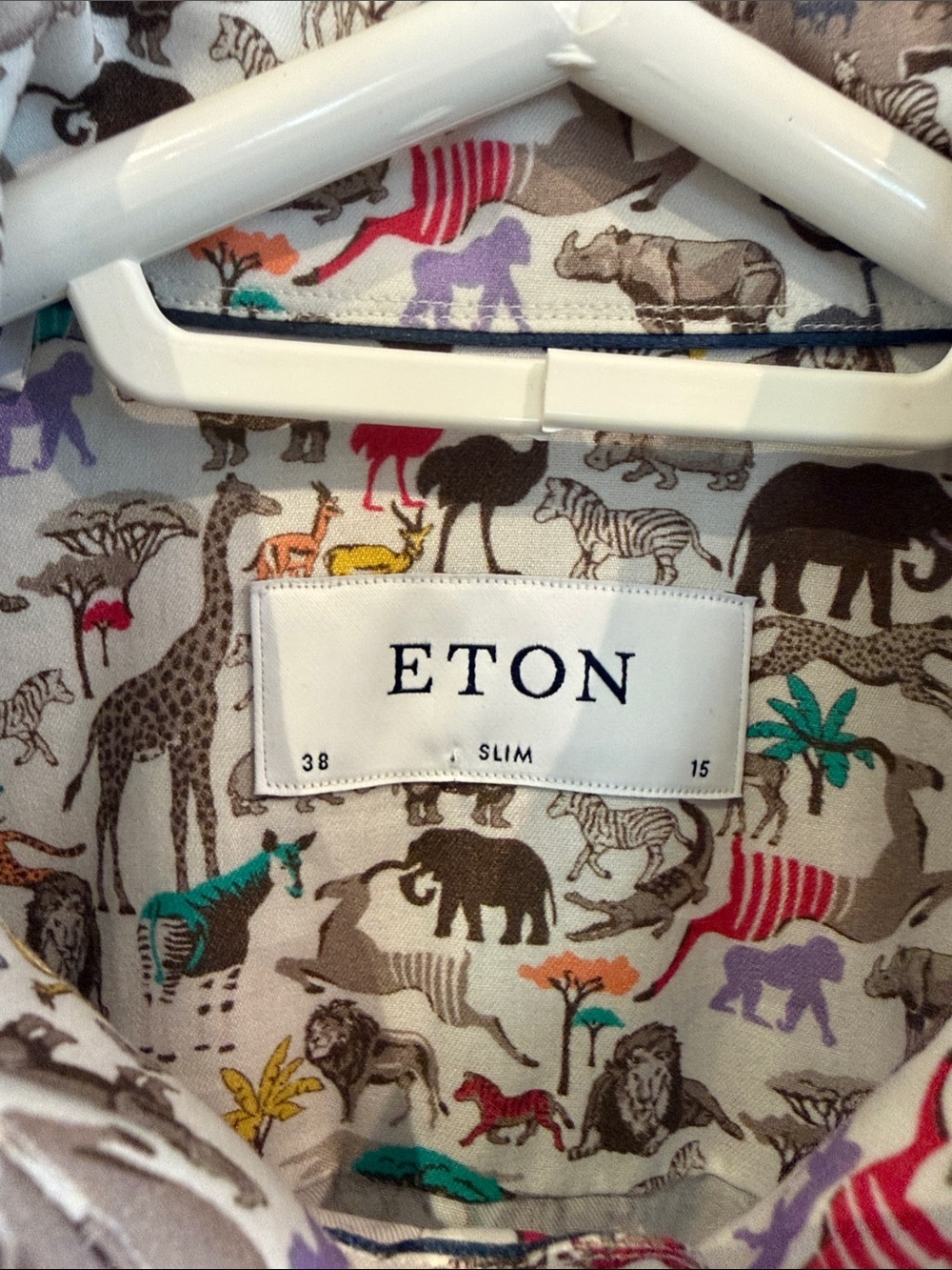 Eton Men's Animal Motif Button-Up Shirt — White with Multicolored Animal Image's
